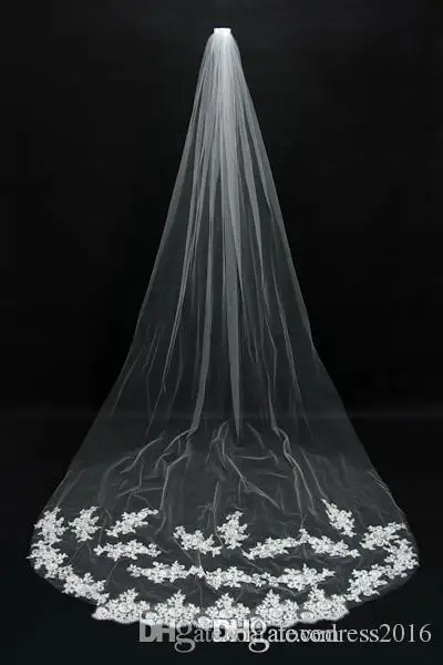 Hot Sale Cheap Long Chapel Length Bridal Veil Lace Applique Cathedral Gown Vesta De Novia Longo Wedding | Свадьбы и торжества