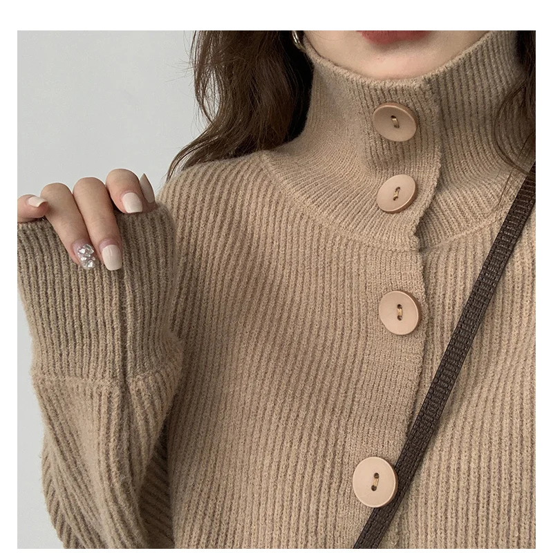 

Autumn Spring Women Sweater Knitted Cardigan Warm Simple Solid Color High Neck Long Sleeve Loose Female Casual Fashion Tops