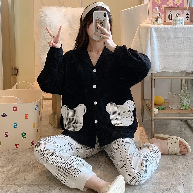 

Пижамный комплект Женский из 2 предметов, новый Пижамный кардиган на весну и осень 2021, милый клетчатый кардиган из чистого хлопка с длинным р...