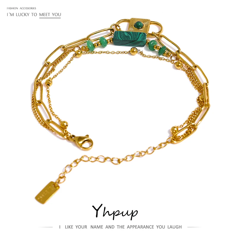 

Yhpup Stainless Steel Natural Stone Green Handmade Multi Layer Bracelet Bangle for Women France Trendy Christmas Gift Jewelry