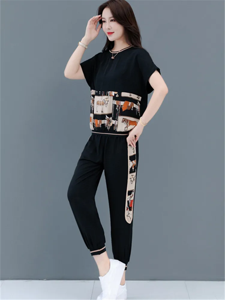 

Large Size Casual Two-Piece Woman 2021 Summer New Round Neck T-Shirt + Elastic Waist Nine-Point Harem Pants Fashion Suit Female