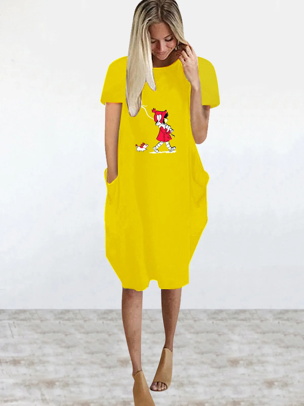 

Lady Love Print Loose Dress Casual Pockets O-neck Short Sleeve Dresses Knee Length Plus Size