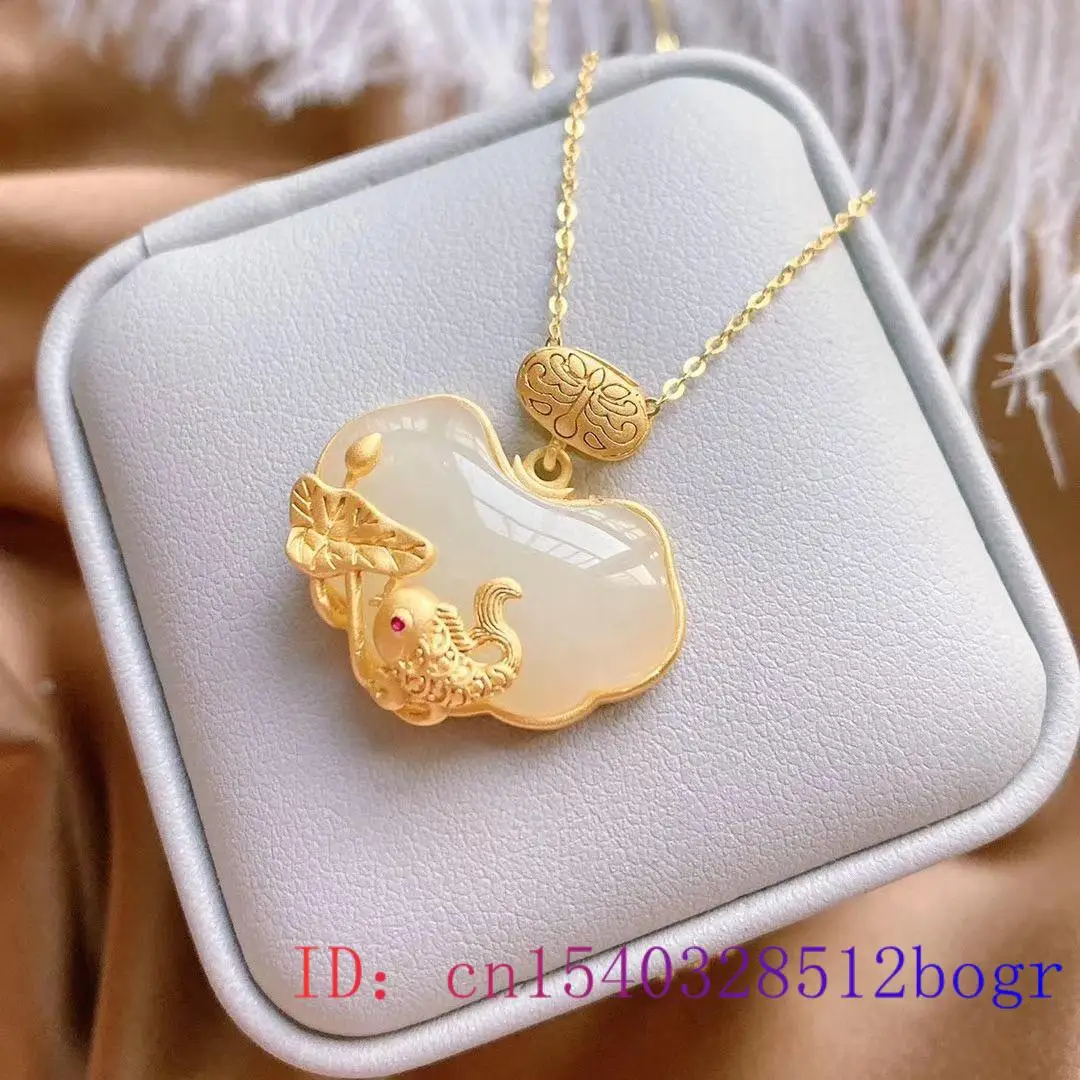 

White Jade Carp Pendant Crystal Zircon Women Charm Natural Agate Gemstone Necklace Fashion Amulet Gifts Lotus 925 Silver