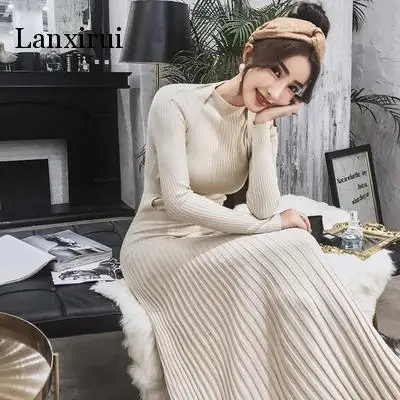 

Autumn Winter High Quality Long Knitted Dress Women Black Fashion Stand Collar Slim Thicken Warm Sweater Pleated Dress