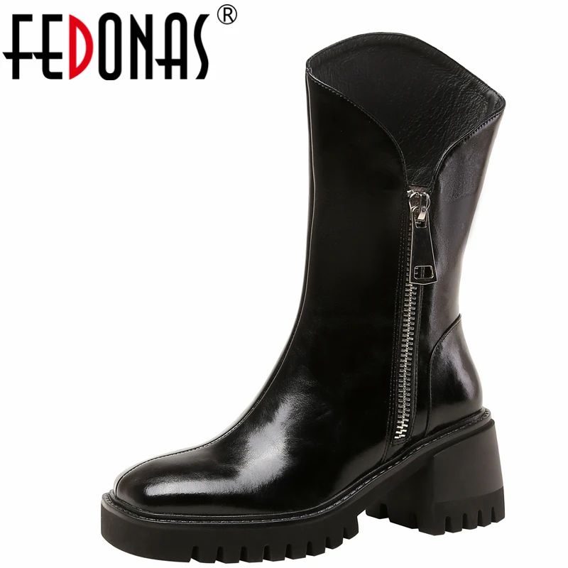 

FEDONAS Thick Heels Women Mid-Calf Boots Brand Design Fashion New Side Zipper Genuine Leather Autumn Winter Office Shoes Woman
