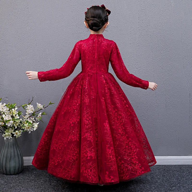 

Elegant Wine-red Color Embroidery Lace Birthday Wedding Party Princess For Children Girls Teens Luxury New Year Festivals Dress