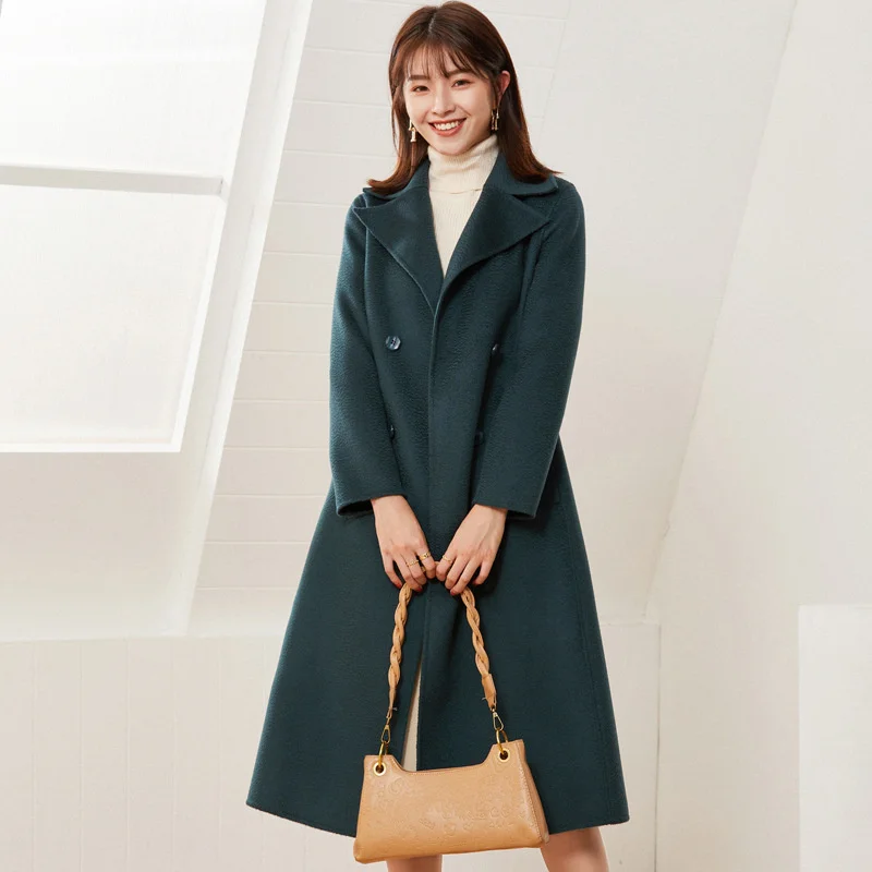 

Женское пальто тонкое, Женское шерстяное пальто, зеленое двустороннее шерстяное пальто, женское кашемировое пальто средней и длинной длины