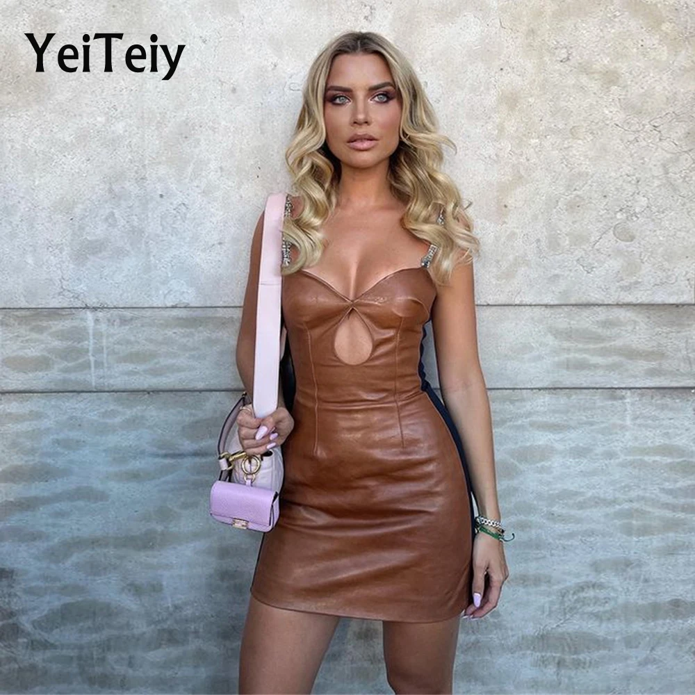 

Кожаное платье Yeiteiy 2021, летние женские подтяжки, ажурный костюм без рукавов, модная сексуальная мини-юбка