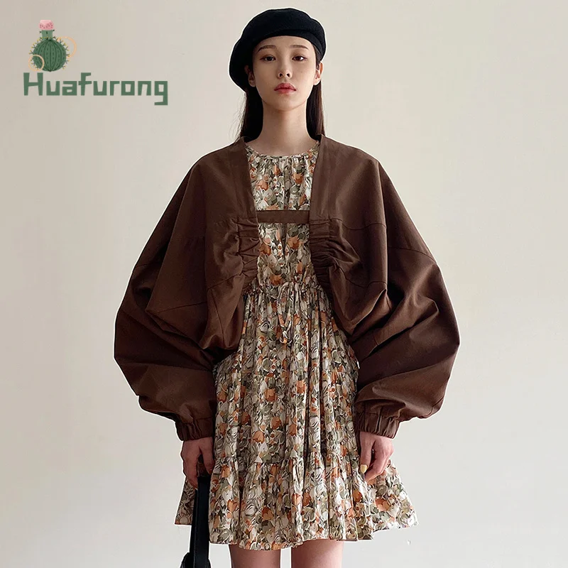 

Korea chic Retro AutumnRound Neck Lace Waist Floral Dress With Short Paragraph Lantern Sleeve Blouse Jacket Two Piece Female