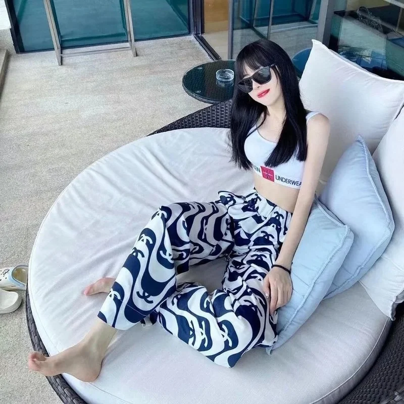 

MINGLIUSILI Korean Style Stripe Print Wide Leg Pant Summer Fashion Trousers Women High Waist Loose Casual Pants for Women