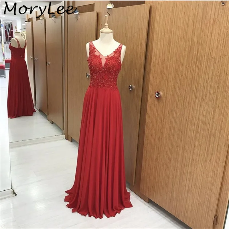 

Prom Dresses Lace V-Neck Sleeveless A-Line Long Chiffon Pleated Prom Dresses With Zipper Back vestidos de fiesta de noche