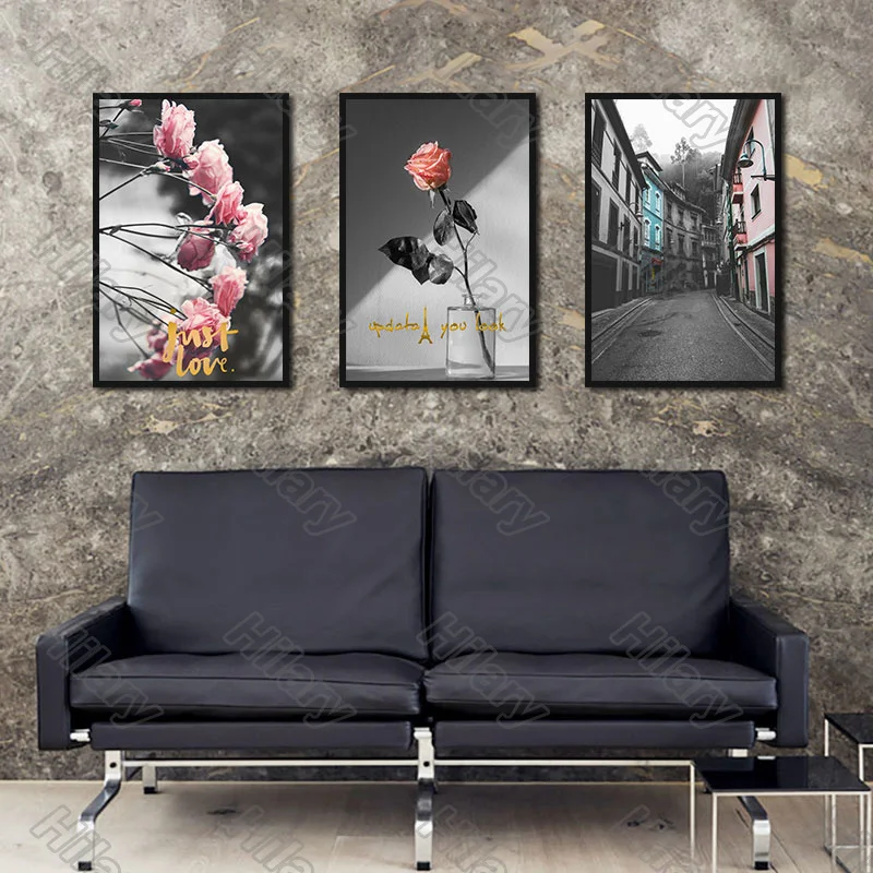 

Poster Plant Pink Flowers Building Alley Canvas Painting and Prints Wall Art Pictures Decoration for Living Room 3Pcs Frameless