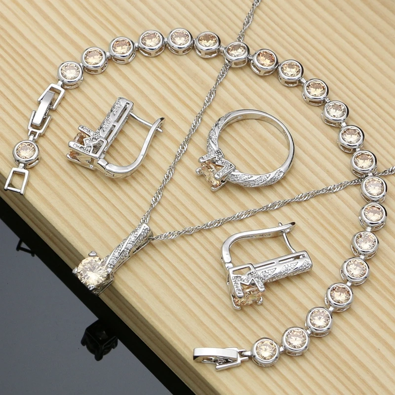 

925 Sterling Silver Bridal Jewelry Sets Champagne CZ For Women Earrings Indian Jewelry Birthday Gift