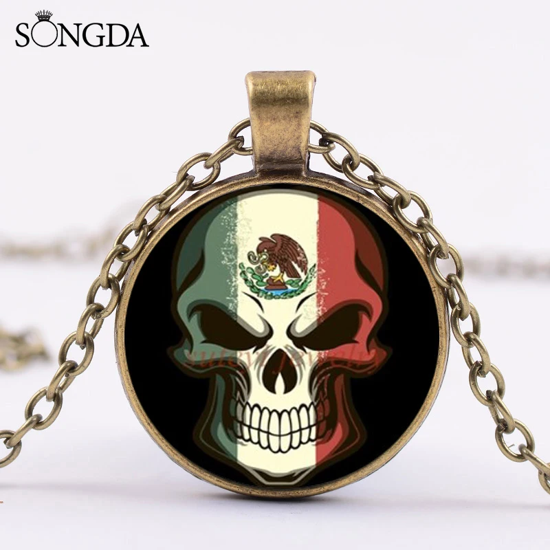 Vintage Skeleton Pendant Necklace Mexican Flag Creative Printed Glass Cabochon Handmade Day of the Dead Jewelry | Украшения и