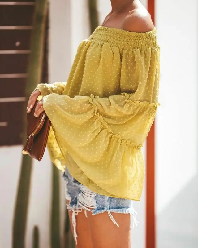 Женская шифоновая блузка с открытыми плечами рубашка рукавами-фонариками лето