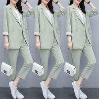vintage women pant suit women casual fashion light green notched blazer jacket pant office wear women suits female sets