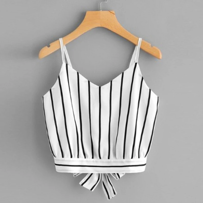 Striped Split Tie Back Crop Cami Top Women Casual Spaghetti Strap Bow Vest Summer Knot Beach | Женская одежда