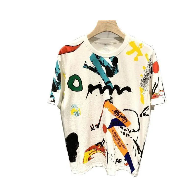 

2021 summer new ice silk half sleeve t-shirt men's graffiti personalized printing short sleeve T-shirt