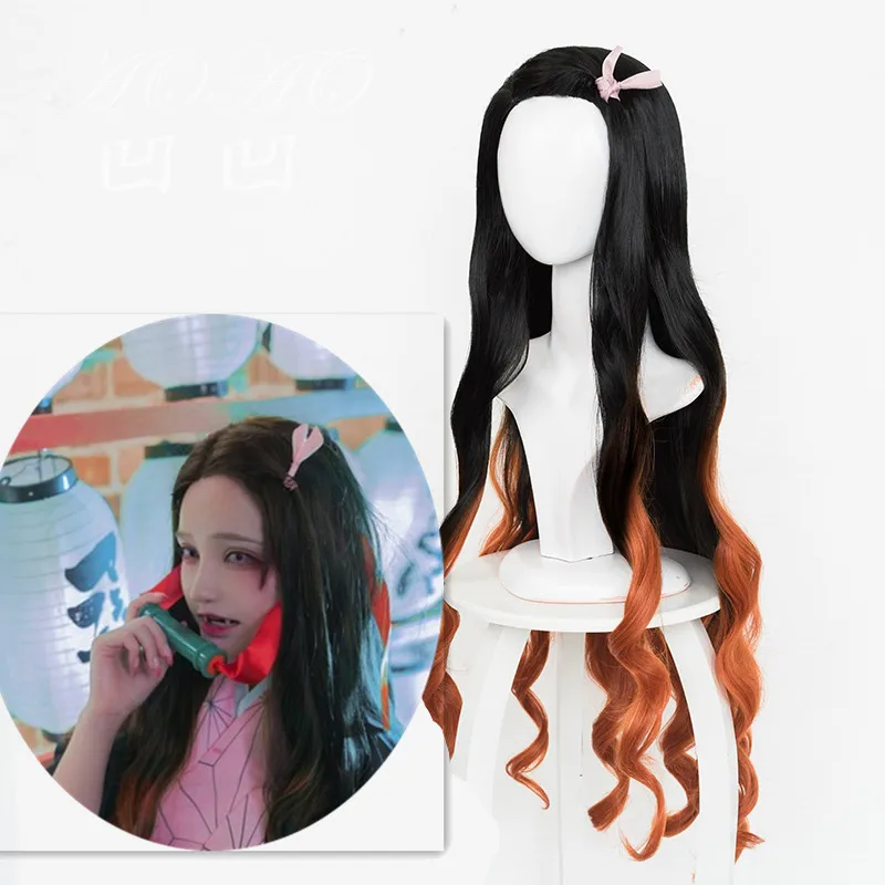 

100cm/39" anime Demon Slayer: Kimetsu no Yaiba Kamado Nezuko cos hair long black with orange cosplay costume wigs + Wig Cap