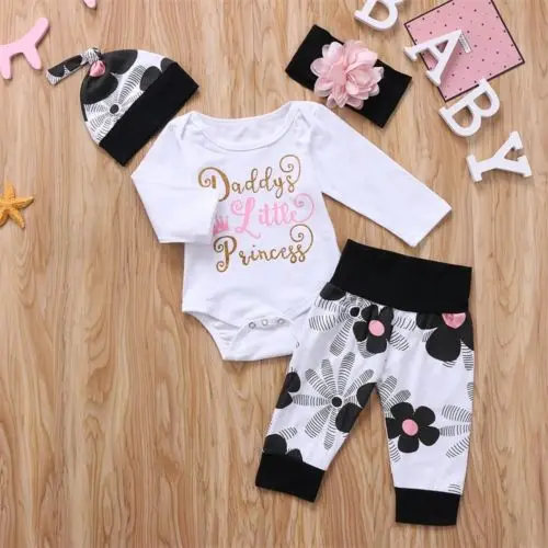 

4pcs Newborn Kids Baby Girl Floral Clothes Long Sleeve Print Letter Jumpsuit Romper Hat Headband Pants Outfit