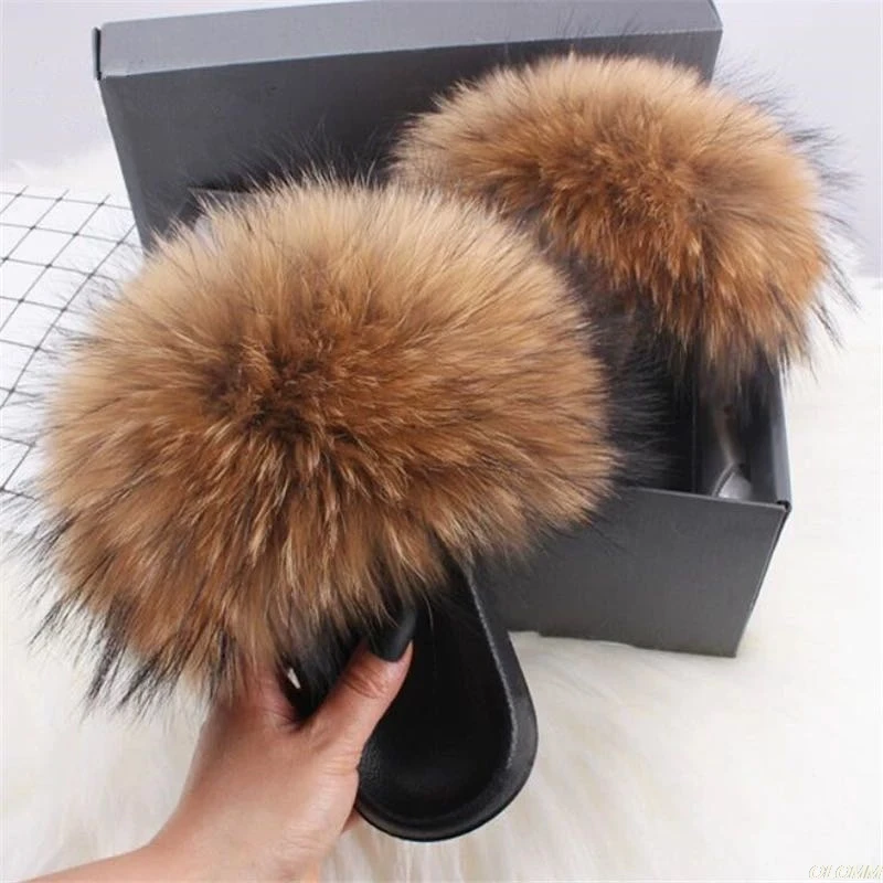 

Hot Fur Slippers Women Real Fox Fur Slides Home Furry Flat Sandals Female Cute Fluffy House Shoes Woman Brand Luxury 2020