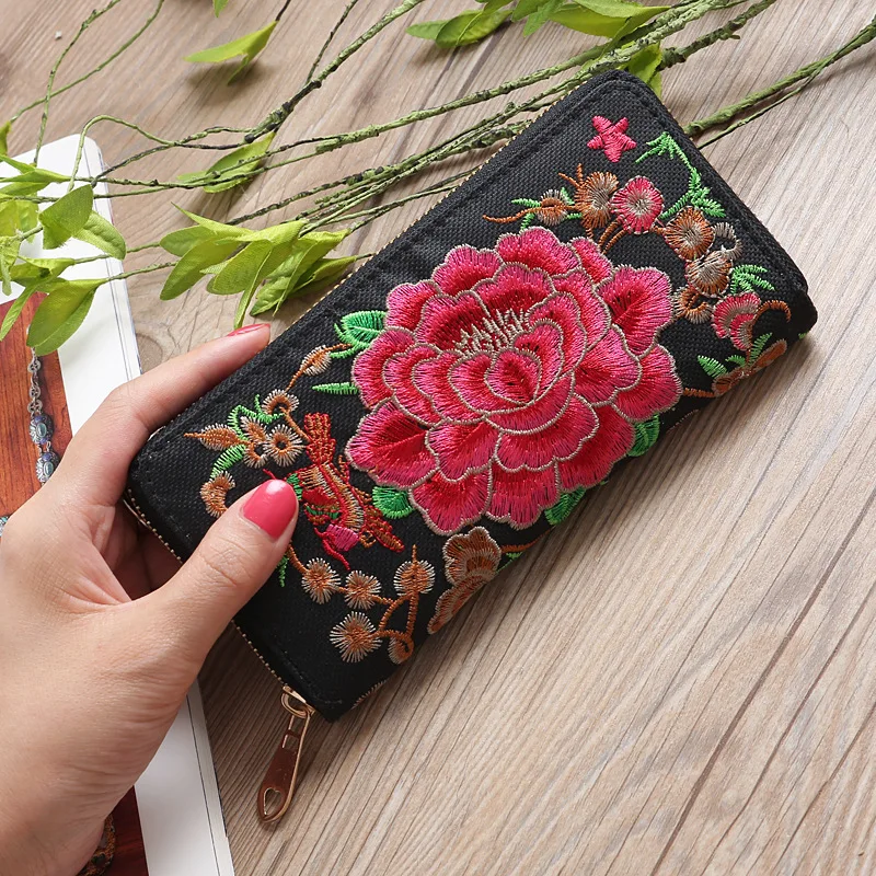 

PU Leather National Women Embroidery Floral Long Wallet Coin Purse Small Money Pouch Phone Bag Bolso Bolsa Carteira for Girls