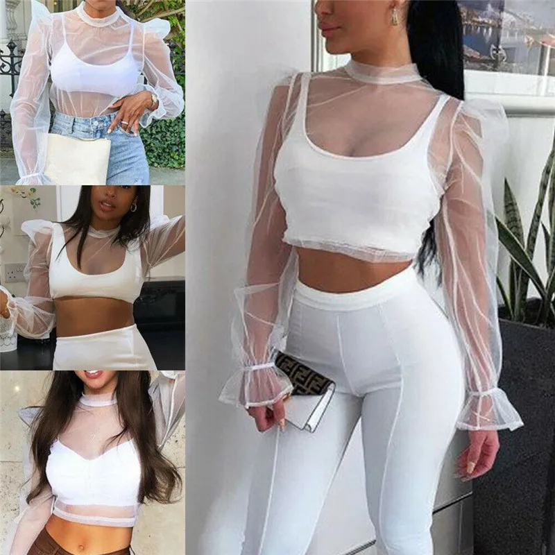 Сетчатые сексуальные топы женская модная блузка прозрачная рубашка с пышными