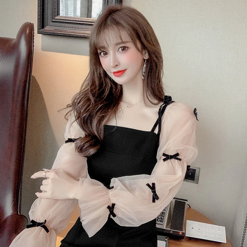 

COIGARSAM Patchwork Women one-piece dress korean New Spring Summer Full Sleeve High Waist Mesh Dresses Black 708