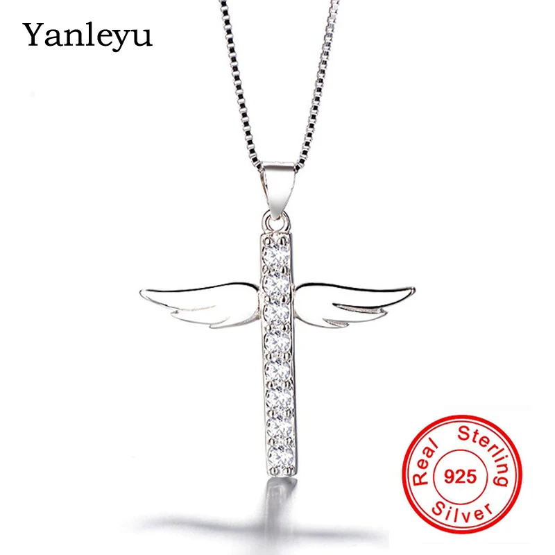 Женское Ожерелье с кулоном в виде креста Ангела из серебра 100% пробы|Ожерелья