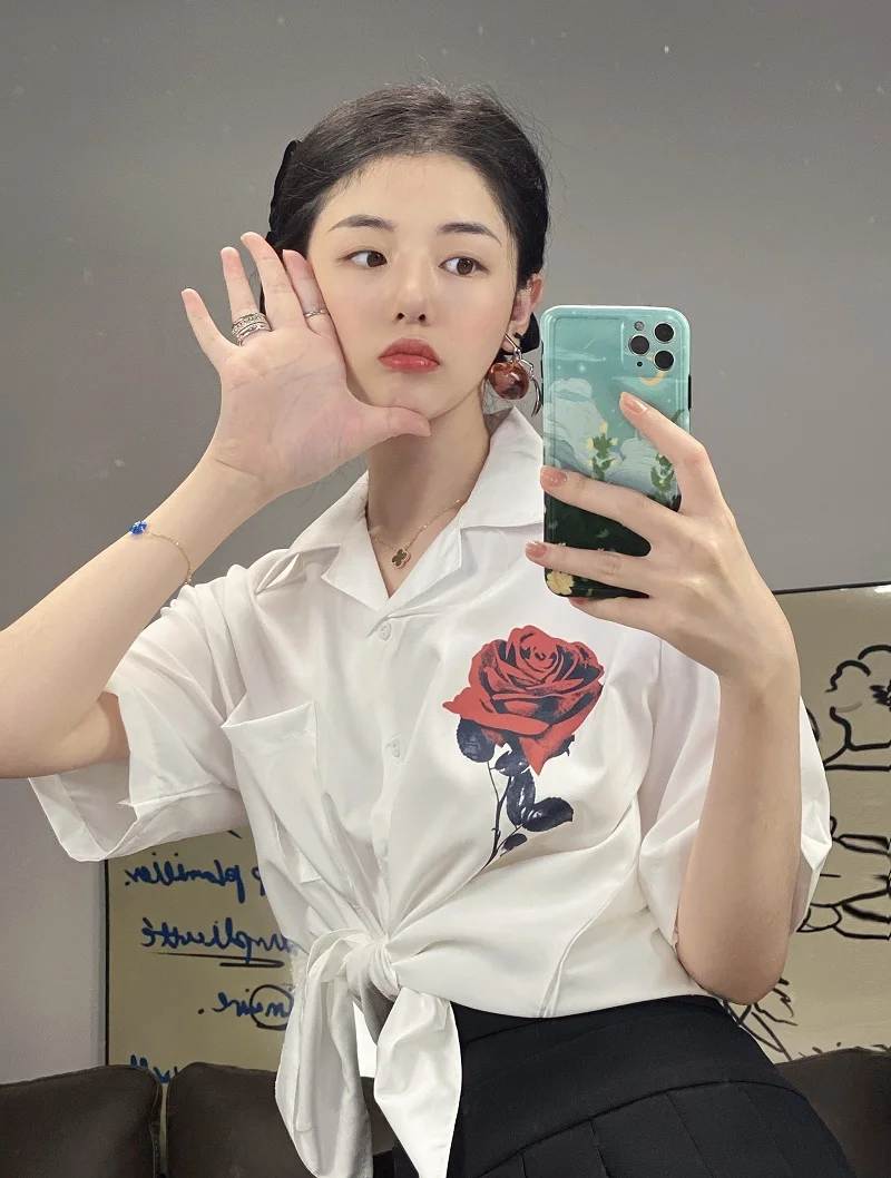 

Chiffon Loose Women's Shirts New Fashion Blouses Flowers Polo Collar Shirts Summer Casual Long Sleeve Blusas Houthion