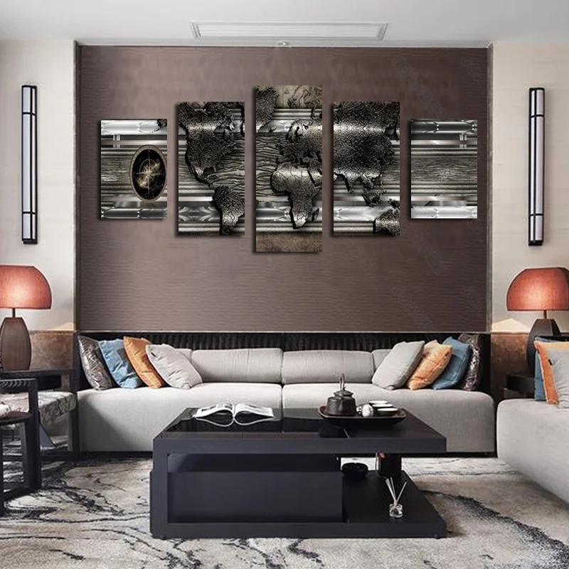 

European style canvas material decorative painting 5PCS black continents map background poster living room furniture art deco
