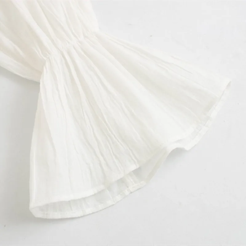 NSZ Женская белая рубашка с расклешенными рукавами и круглым воротником вышивкой