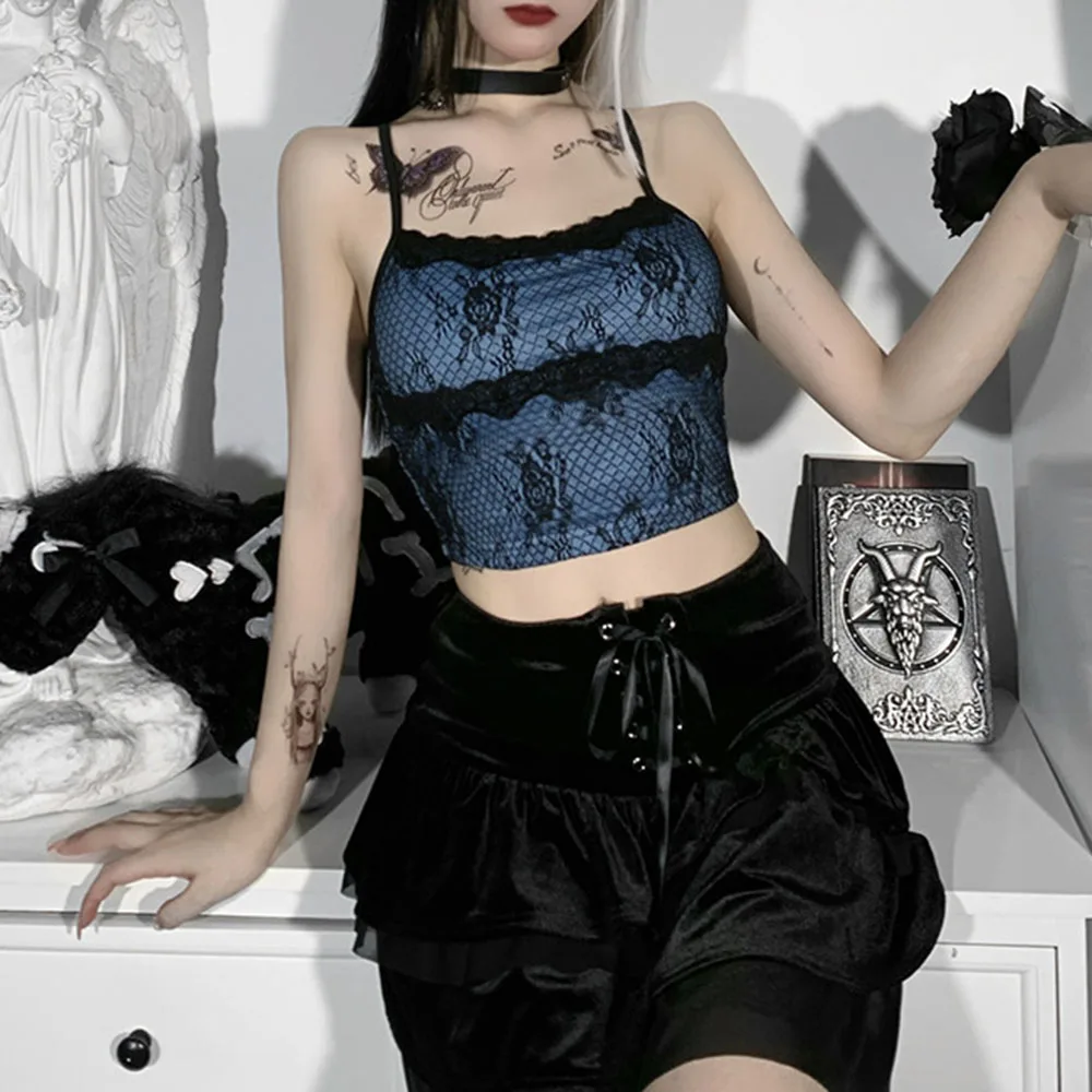 

2021 Summer New 2021 Summer New Sexy Lace Tank Top Women's Printing Net Yarn Splicing Fashion High Street Hipster