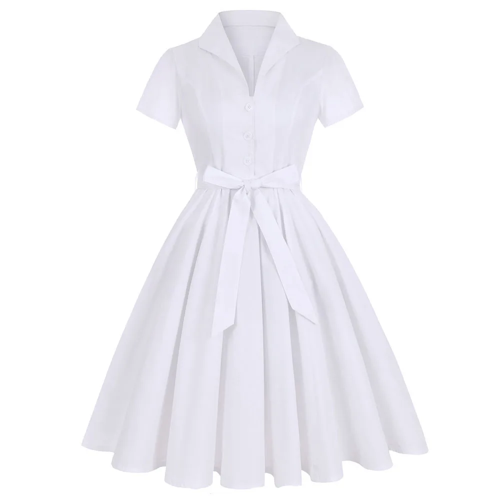 Женское винтажное платье с коротким рукавом белое в стиле ретро пышной юбкой