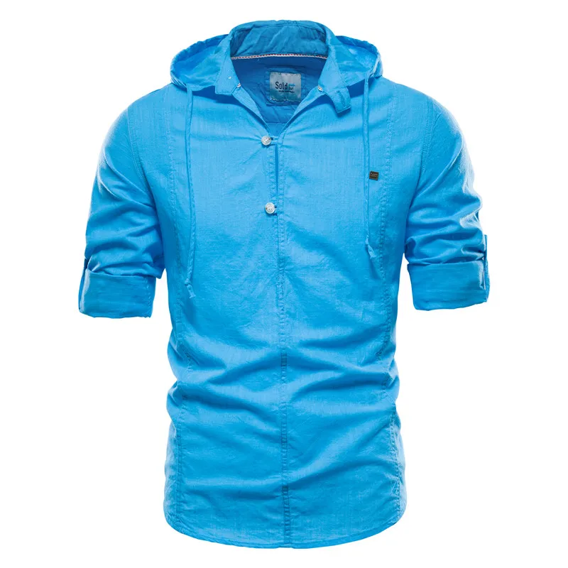 Summer Design Hoodied Long Sleeve Linen Shirt Men Solid Color Cotton Quality Pullover Shirt For Men Streetwear Men's Shirts Top