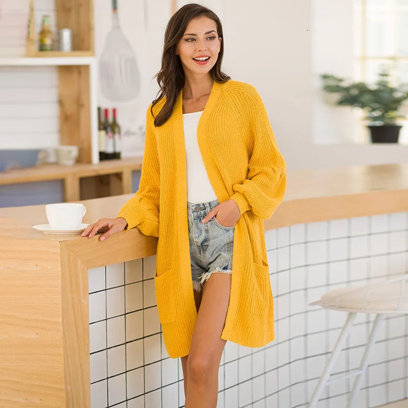 

2020 Autumn Winter Casual Women Long Cardigan Fashion Elegant Lantern Sleeves Loose Sweater