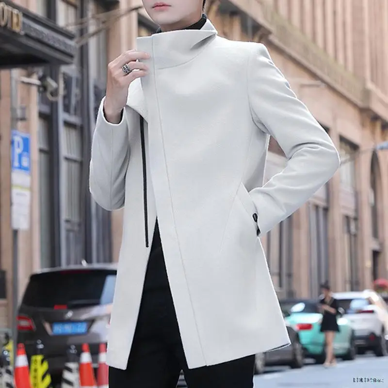 

2022 Winter Men's Woolen Coat Casual Slim Fit Long Coat Jacket Men Overcoats Thicken Zipper Streetwear Solid Coat