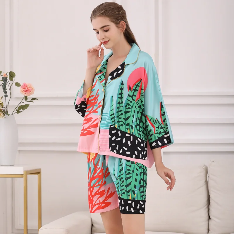 Women Silk Pyjamas Femme Satin Pijama Sleepwear Short Sleeve Fashion Pajamas for girl Nightwear Suit Home New 2021 Home Clothes