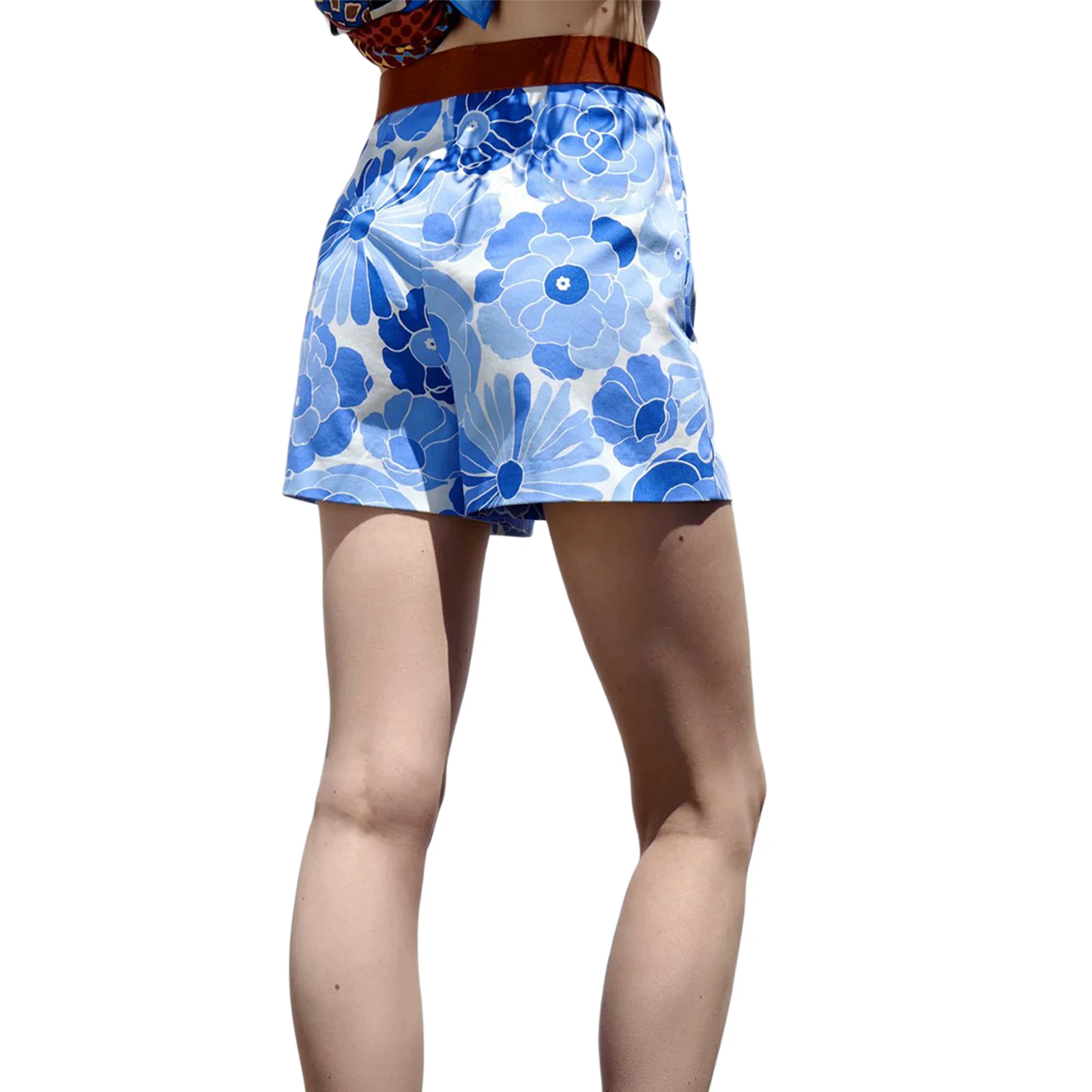 

2021 Summer Women Wide-leg Shorts Blue Floral Printed Pattern High Waist Leisure Trousers S/ M/ L