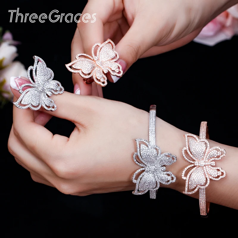 ThreeGraces Luxury Butterfly Shaped Cubic Zirconia Crystal Big Rose Gold Wedding Ring Bangles Set Jewelry for Brides JS075|Ювелирные