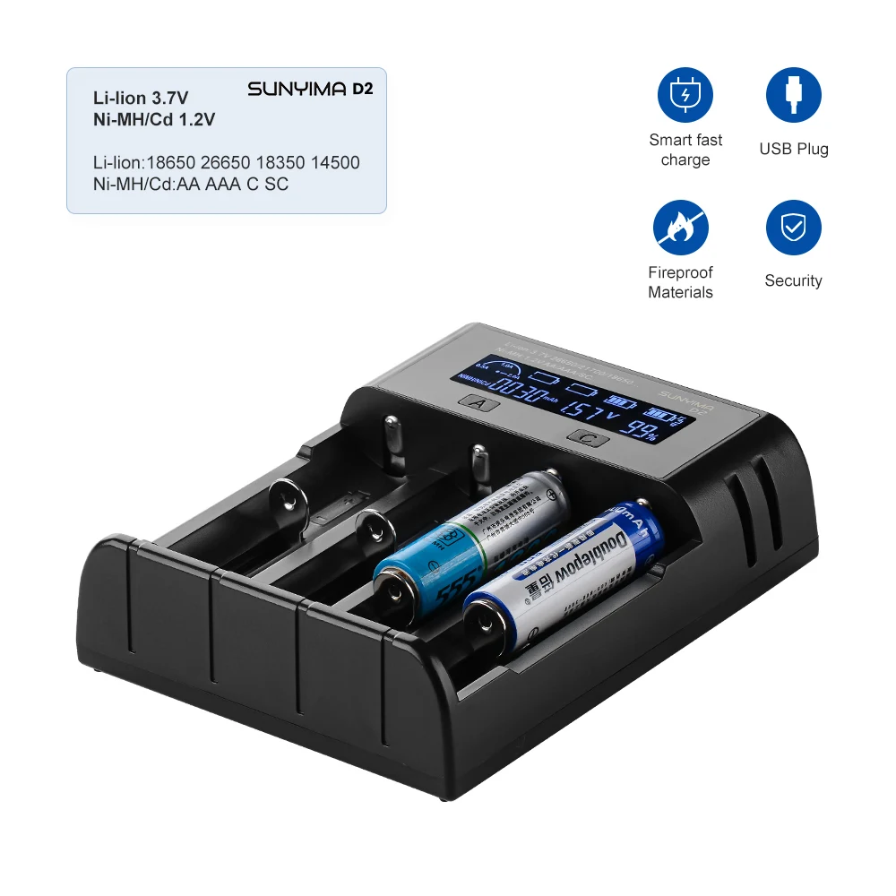 SUNYIMA D2 3 7 V 18650 4 Слот c Батарея Зарядное устройство для AAA/AA 5V2A ЖК-дисплей/usb-камера с
