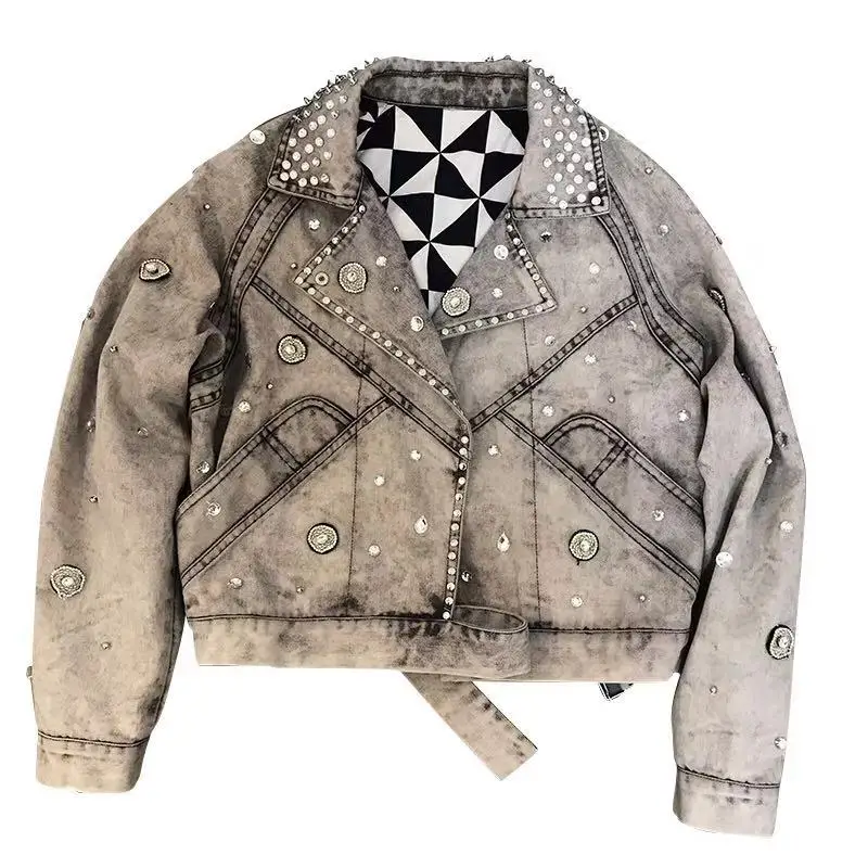 

2020 Jaquetas Feminino Jacket Sale Cotton Bomber Jaqueta Feminina Spring New Lapel Long Sleeve Beaded Diamond Decorative Woman