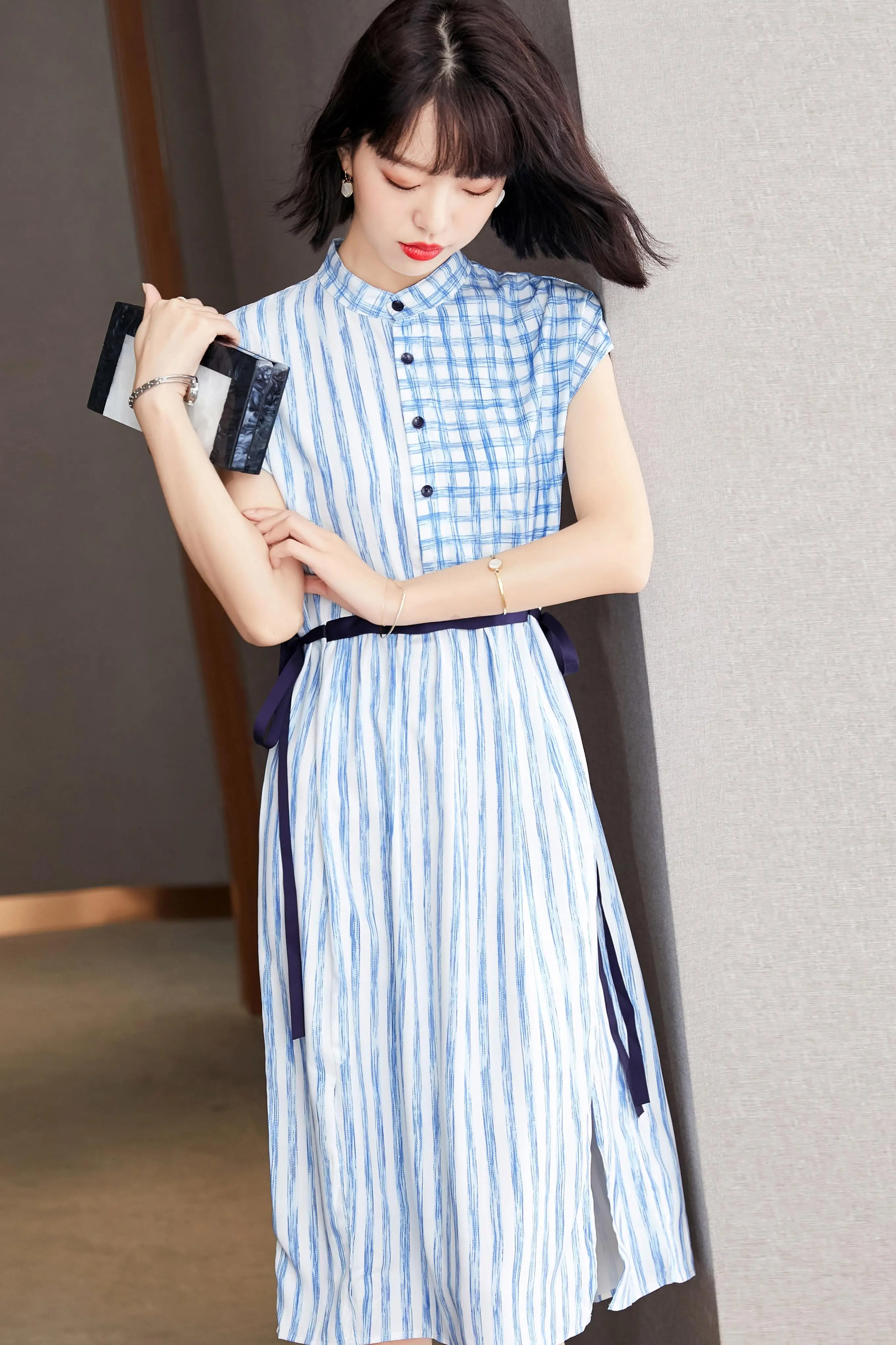 

2021 Summer High Waist Long Dress Women's Short Sleeve Chiffon Split Summer Dress Female Blue Plaid A Line Belt Dress