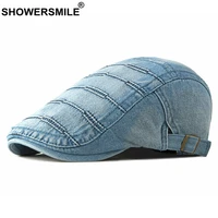 showersmile denim women men flat cap light blue spring summer adjustable retro beret femme blue high quality ivy hat