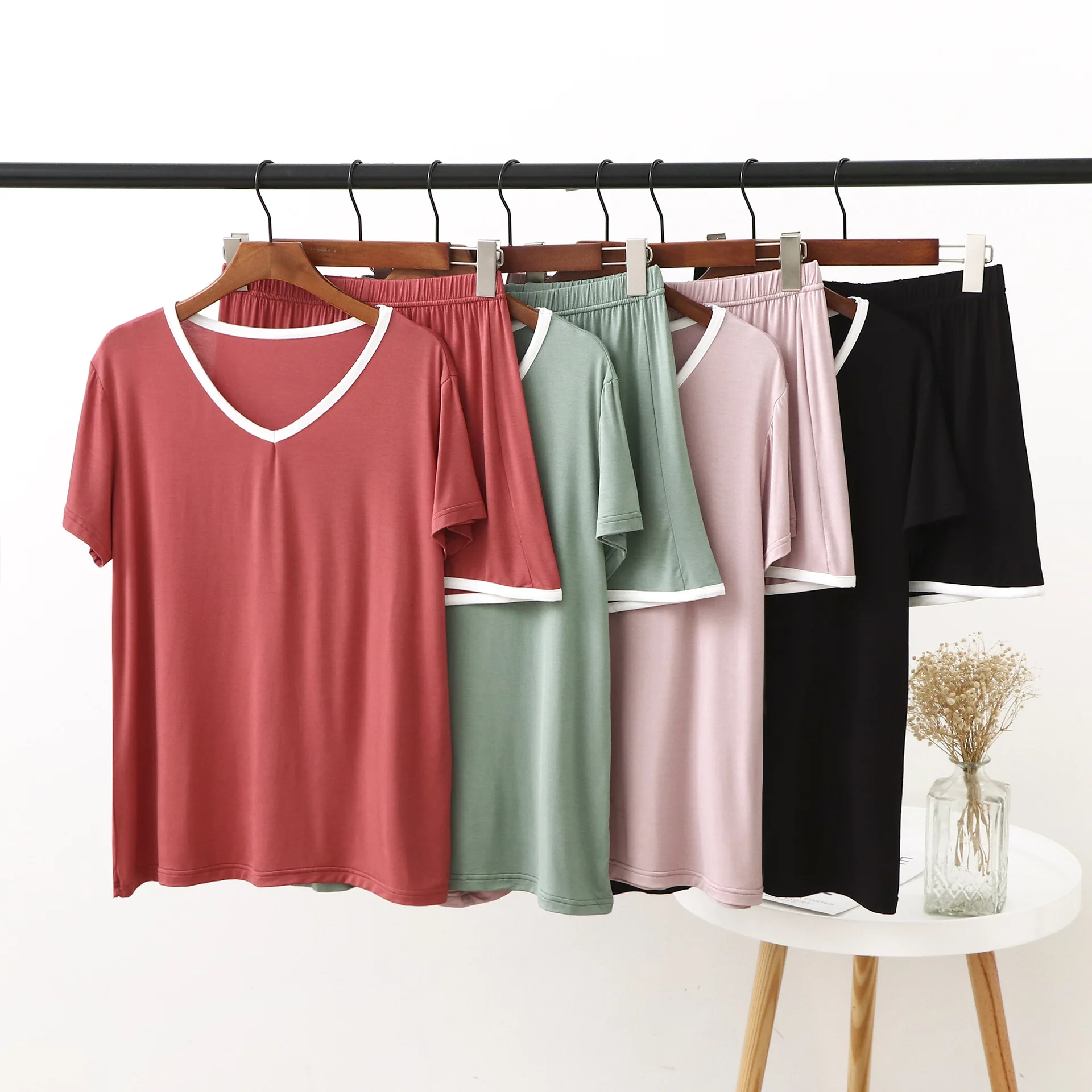 

Short Sleeve Pijamas Women Pyjamas Two Piece Set Summer New V-Neck Home Suits Female Loose Short Pants 2 Pieces Set Tracksuits