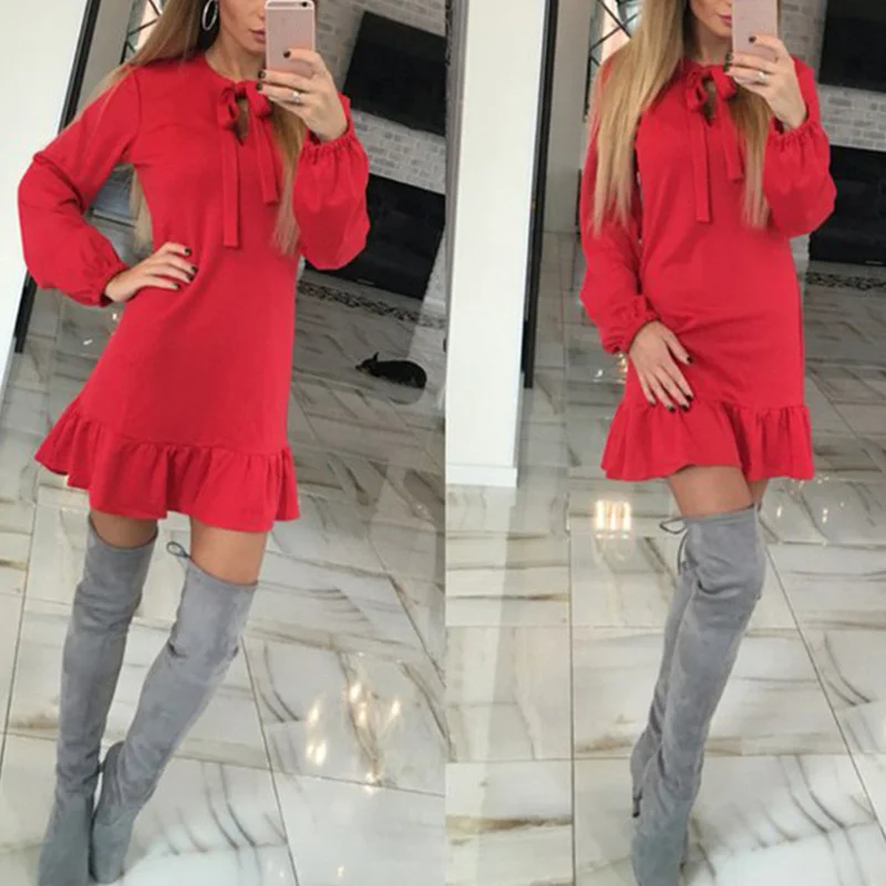 

Formal Ruffle Dress Women Elegant Knot Front Long Sleeve Bodycon Dress Mini Sukienka Sexy Cute Keyhole Patchwork Dress Frill Xl