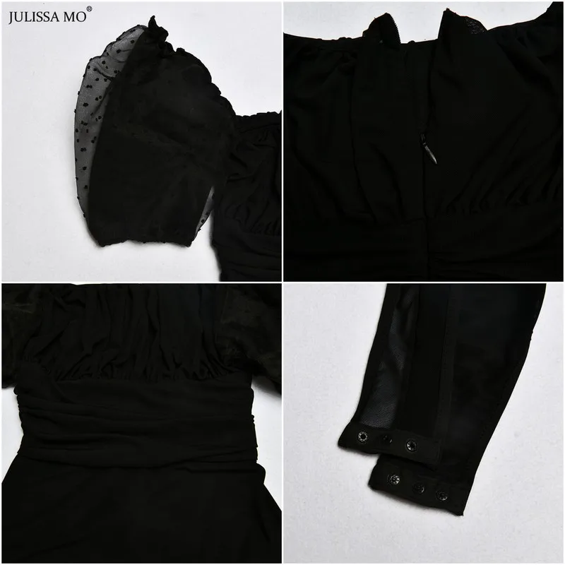 

JULISSA MO Black Dot Mesh Sexy Bodysuit Women Tops Elegant Puff Sleeve Square Collar Bodysuits Autumn Skinny Party Overalls 2019