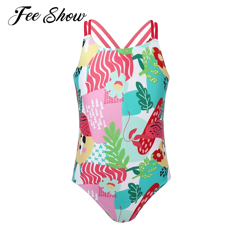 

New Kids Girls Swimwear Painting Printed Criss Cross Spaghetti Straps Jumpsuit Bodysuit Swimsuits Bathing Suits Beachwear