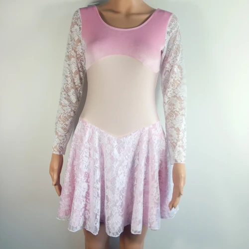 Light Pink Белое Кружевное бархатное платье с длинными рукавами из нейлона/лайкры для девочек с кружевной юбкой Костюмы для выступлений - Цвет: Light Pink