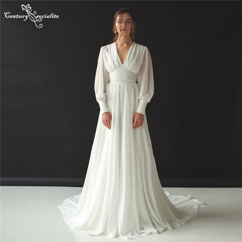 

Simple Civil Wedding Dresses Long Sleeve V-Neck Button Back A-Line Boho Bridal Gowns Bohemian Bride Dress Vestido De Noiva